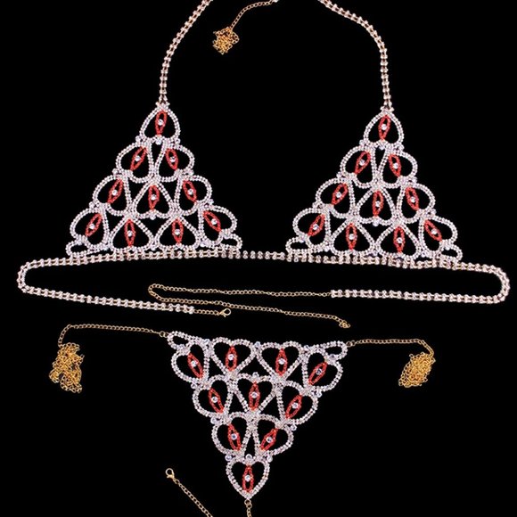 Rhinestone Heart Bikini Jewelry Lingerie Set Bling Bra Thong Crystal Body Chain - Picture 5 of 9